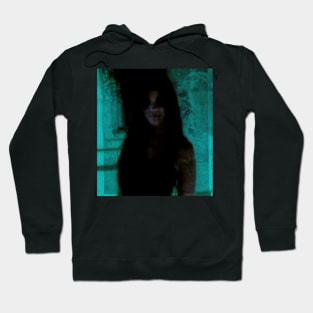 Portrait, digital collage and special processing. Somewhat scary, but pleasant girl. Dark side. Aquamarine. Hoodie